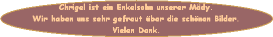 Chrigel ist ein Enkelsohn unserer Mdy.
Wir haben uns sehr gefreut ber die schnen Bilder.
Vielen Dank.