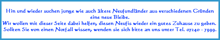 Hin und wieder suchen junge wie auch ltere Neufundlnder aus verschiedenen Grnden
 eine neue Bleibe. 
Wir wollen mit dieser Seite dabei helfen, diesen Neufis wieder ein gutes Zuhause zu geben. 
Sollten Sie von einen Notfall wissen, wenden sie sich bitte an uns unter Tel. 07240 - 7999.